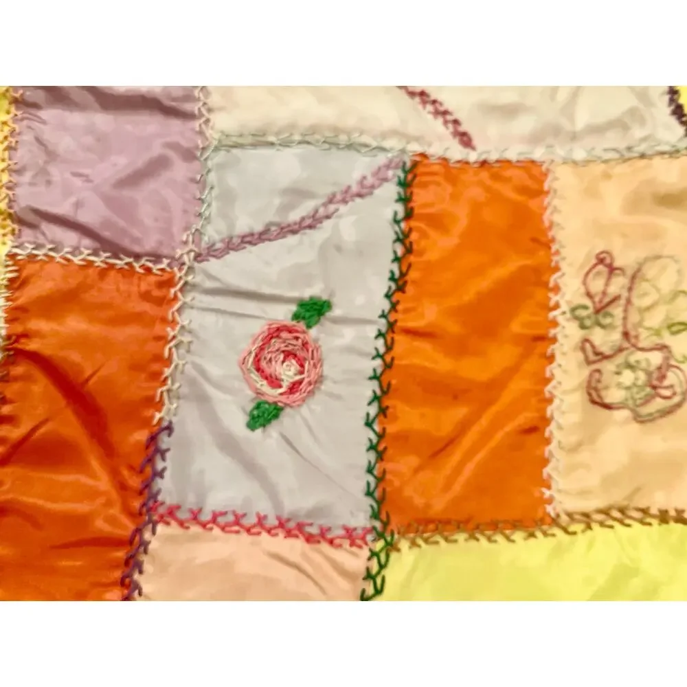VINTAGE MIDCENTURY MODERN HANDMADE SATIN CRAZY QUILT THROW